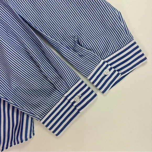 Chicos 2 Blue White Striped Floral Button Shirt Womens Large Long Sleeve - Picture 8 of 9